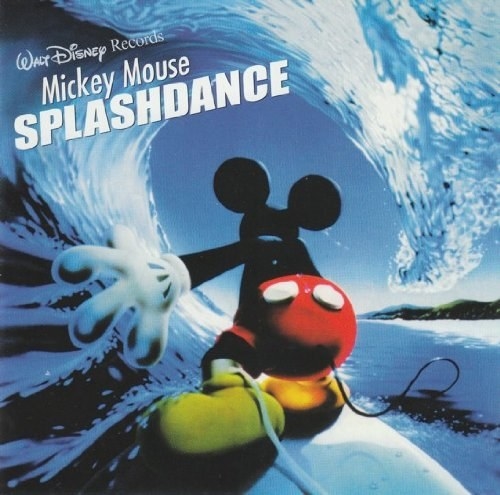 The cover for Mickey Mouse Splashdance which feautres Mickey&#x27;s back to us as he surfs a wave at night