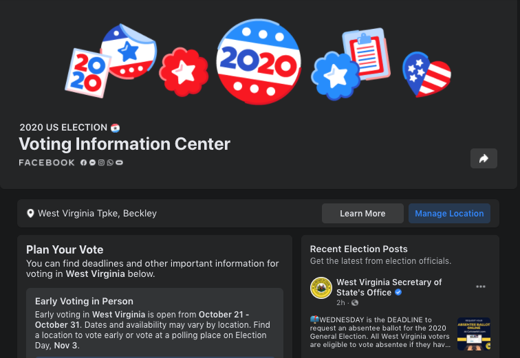 A screenshot of Facebook&#x27;s Voting Information Center