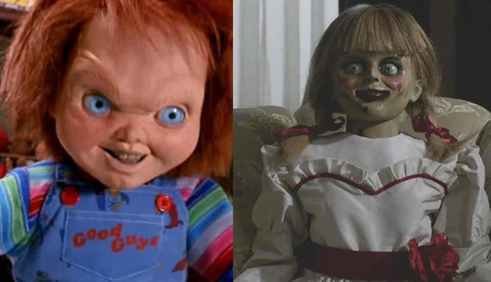 On the left, the murderous Chucky leers at the camera. On the right, a possessed Annabelle sits unblinking on the family lounge.