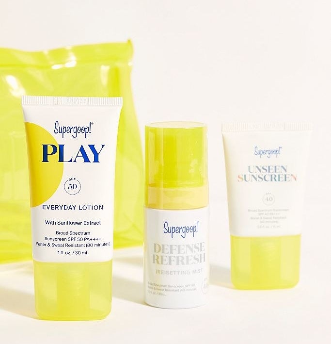 Supergoop! lotion, resetting mist, and sunscreen