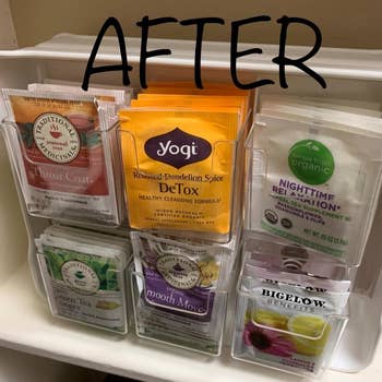 Same reviewer with the tea bags neatly placed in a six-shelf organizer