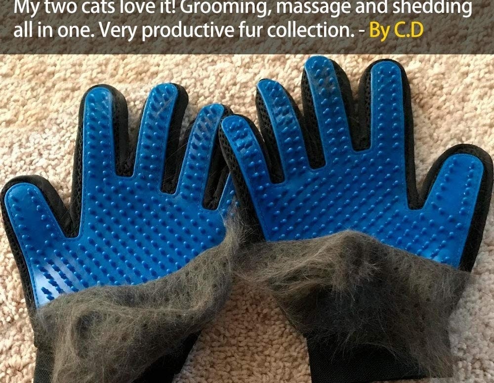 A set of grooming gloves that are covered in cat fur