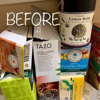 Reviewer pic of a messy stack of tea boxes