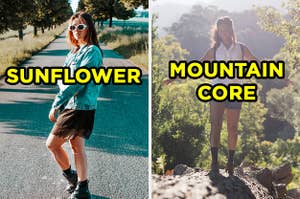 On the left, someone standing in the road wearing retro sunglasses, a dress, a denim jacket, and combat boots labeled "sunflower," and on the right, someone standing on a mountain wearing hiking boots, cargo shorts, and a backpack labeled "mountain core" 