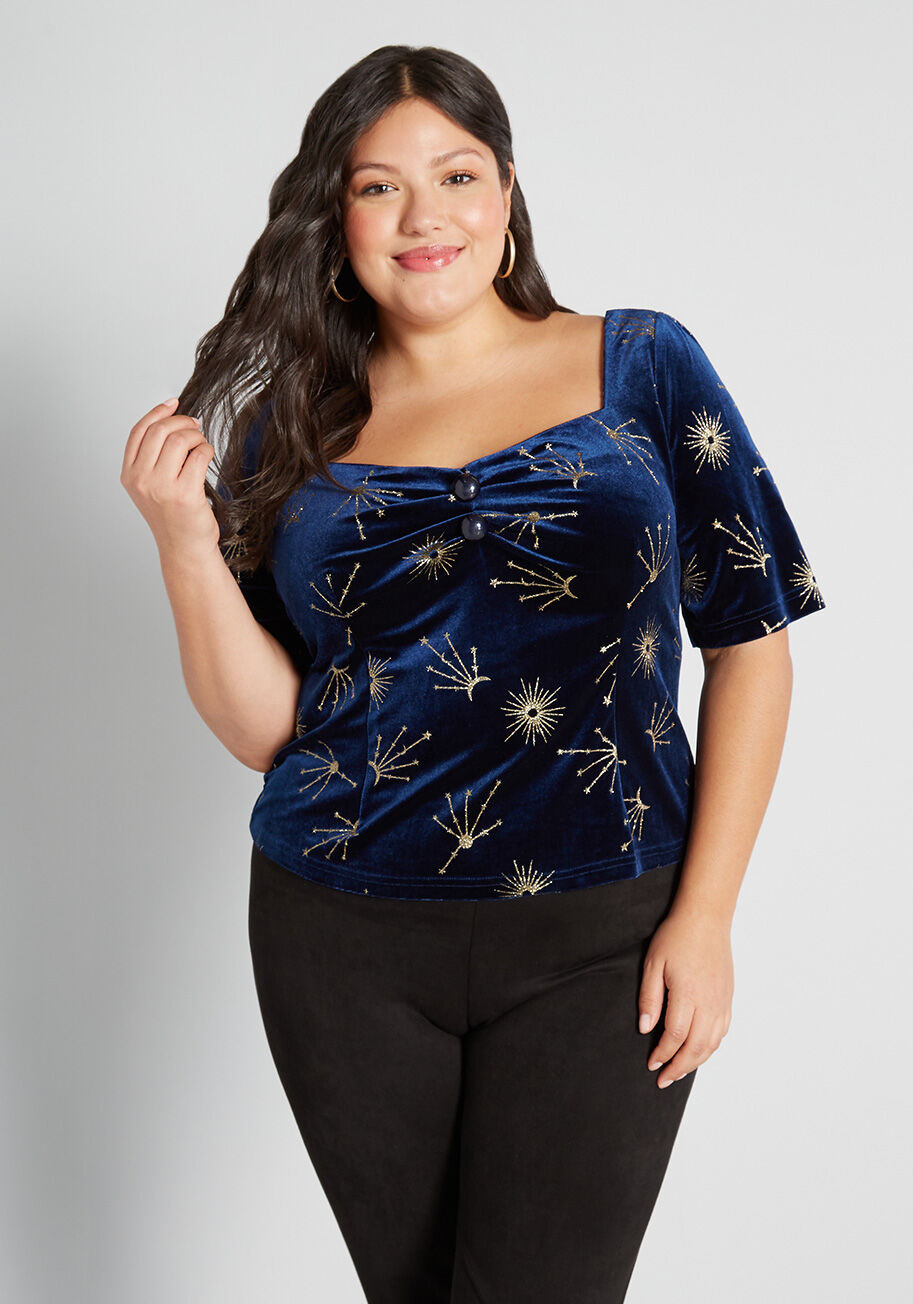 blue velvet top with two buttons and star constellation stitching 