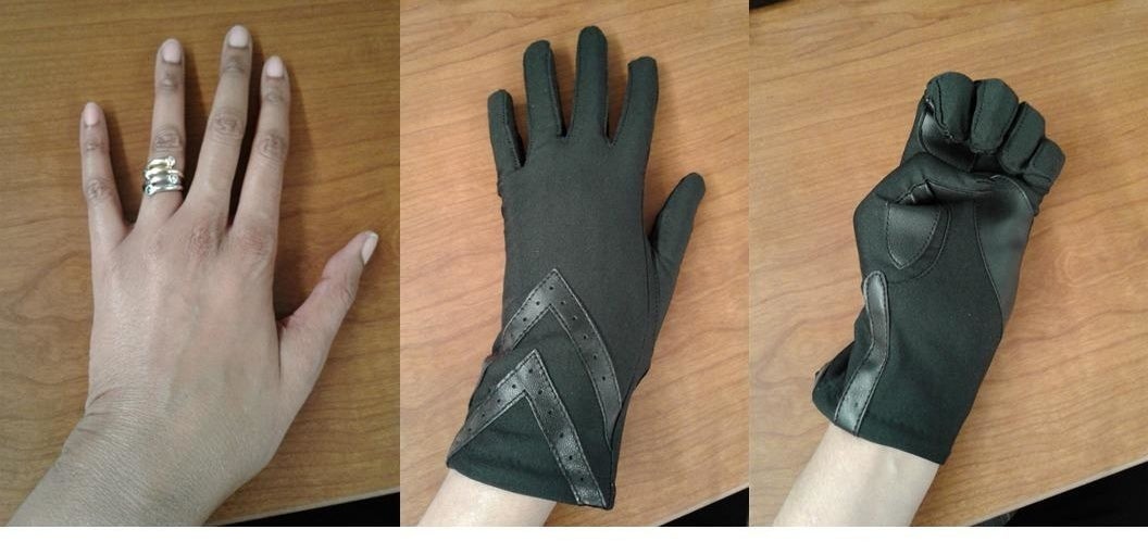 Reviewer image of their hand in the isotoner touch screen gloves