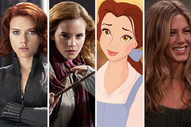 Black Widow, Hermione, Belle, and Rachel Green all standing side by side