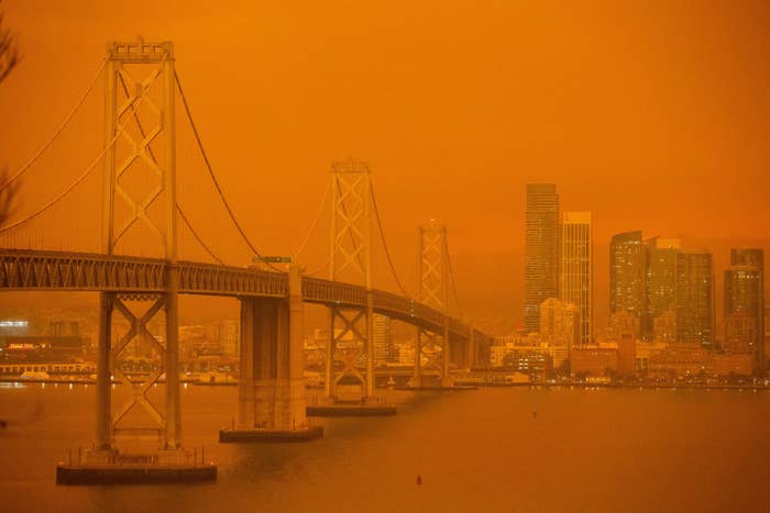 San Francisco cityscape covered in an orange haze