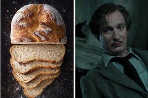 A sliced loaf of bread on the left and remus lupin on the right
