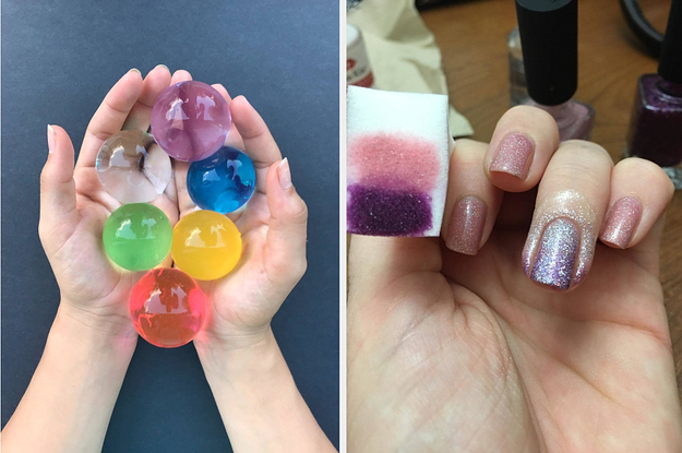 Left image: someone holds giant water gel beads, right image: someone uses nail polish barrier to keep nails clean