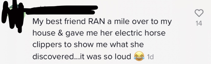 My best friend RAN a mile over to my house and gave me her electric horse clippers to show me what she discovered...it was so loud [laughing while crying emoji]