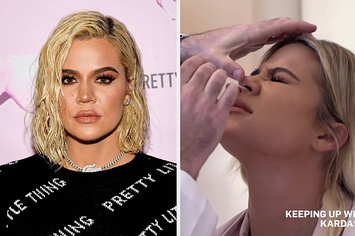 Khloe on the red carpet next to a still of her getting a COVID test