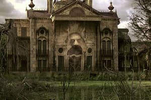 The Haunted Mansion from the Disney movie The haunted mansion with a ghost head emerging from it