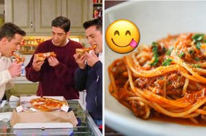 A group of friends are on the left eating pizza with pasta on the right and a yummy face emoji