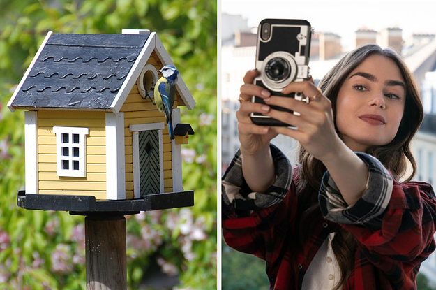 A cute yellow bird house on the left with a little bird perched on it, and Emily from Emily in Paris on the right taking a selfie