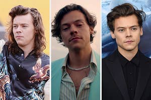 On the right, Harry Styles with long hair performing on "Good Morning America," in the middle, Harry Styles in the "Golden" music video, and on the right, Harry Styles on the "Dunkirk" red carpet