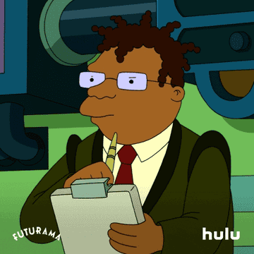 Gif of Hermes from Futurama writing on his notepad