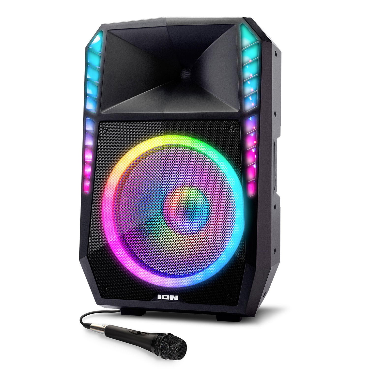 A big speaker with glowing LED lights throughout and a microphone