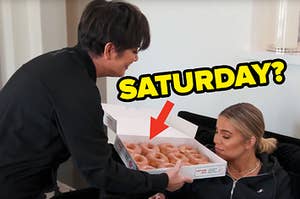 Khloe Kardashian sniffing a box of donuts with "saturday?" written over it