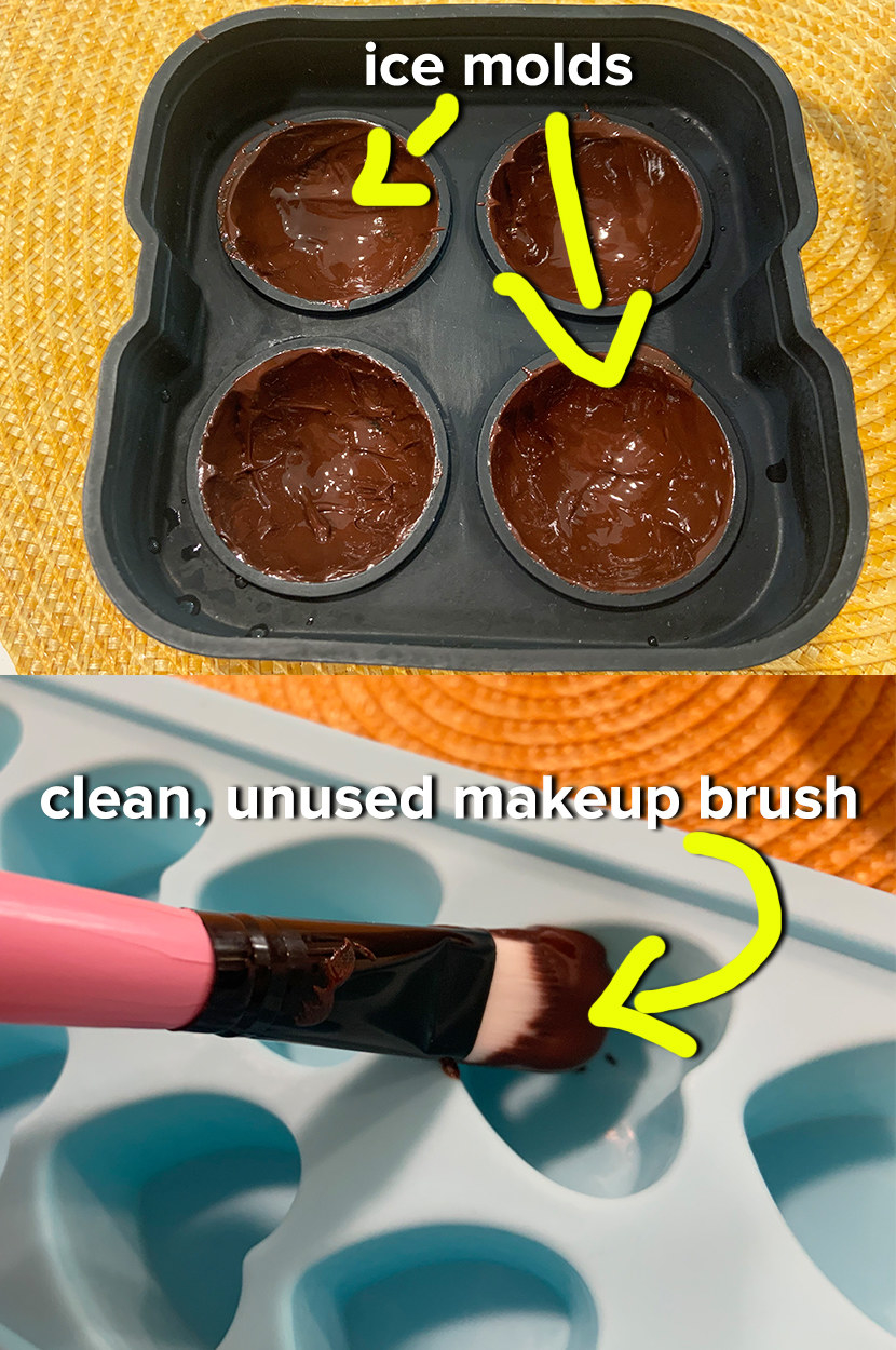 melted chocolate is painted onto the sides of a silicone ice mold