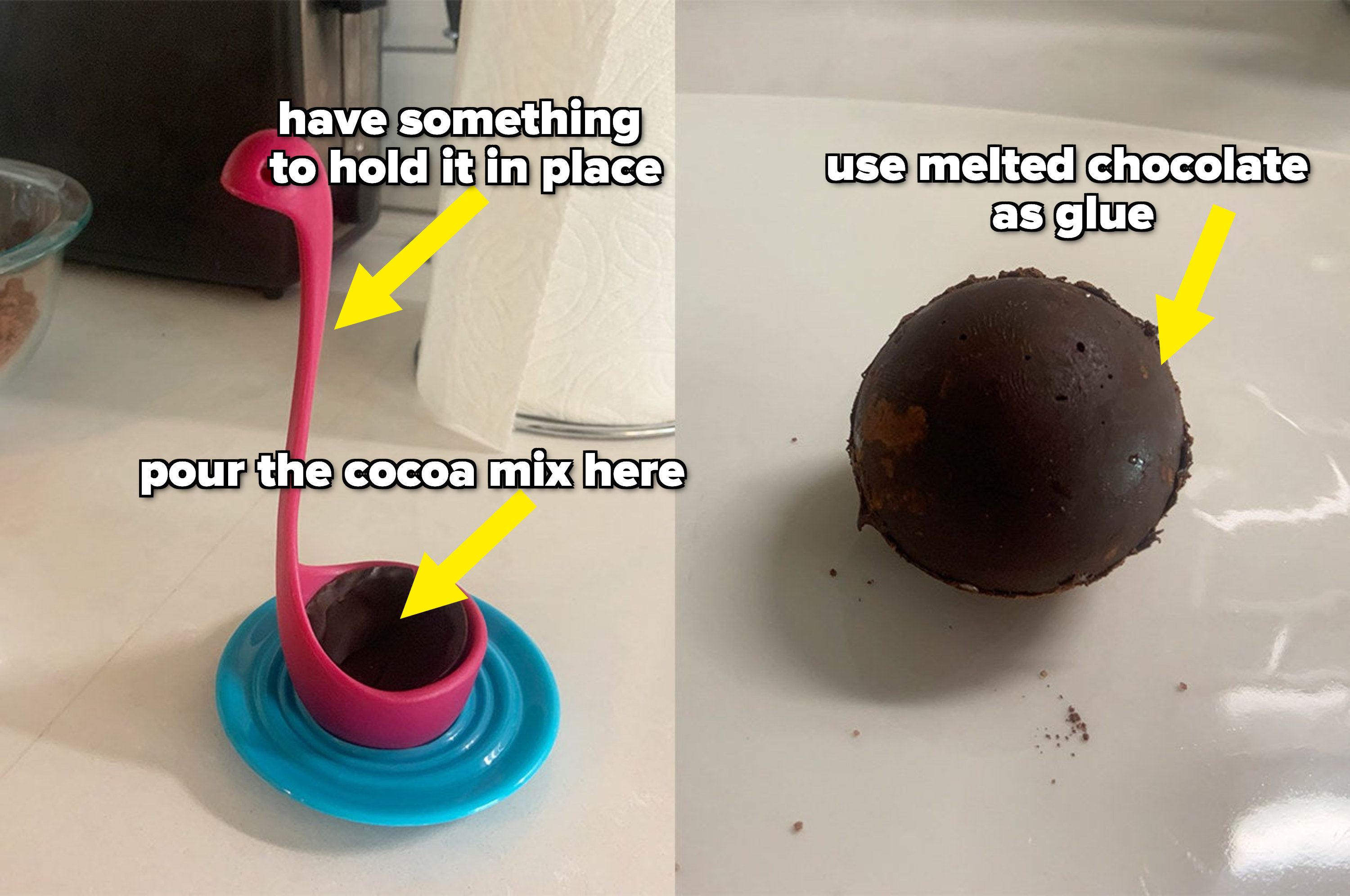 the bottom shell is in a lochness monster-shaped cup, and the top is secured with melted chocolate