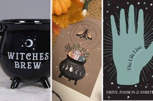 A split screen of a mug that says witches brew an art print of a cauldron and a palm showing a lifeline 