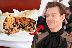 A steak burrito on the left and Harry Styles on the right