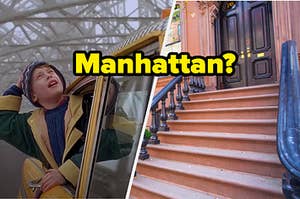Kevin from "Home Alone" is on the left in a taxi with a brownstone on the right labeled, "Manhattan?"