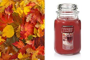 On the left, a pile of fall leaves, and on the right, an Apple Cider candle from Yankee Candle