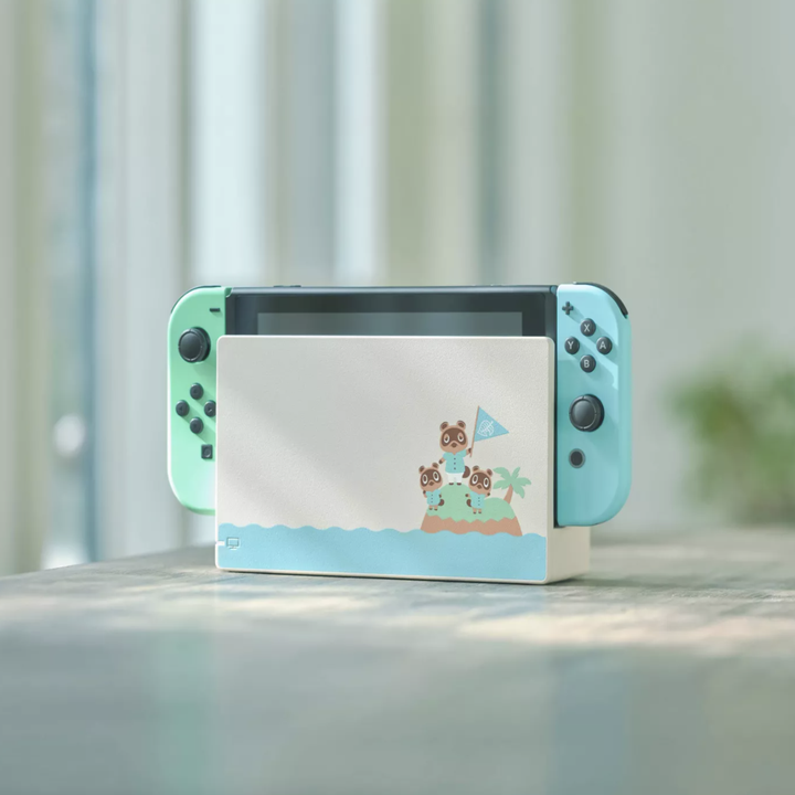 Front view of the Animal Crossing-themed Nintendo Switch