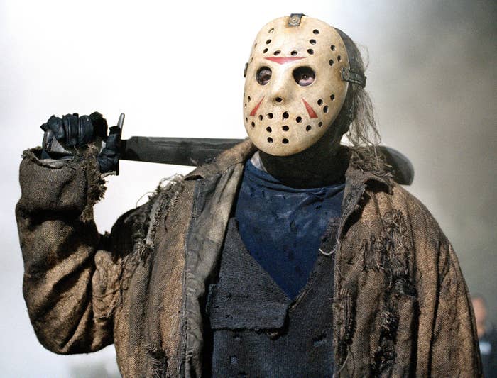 Jason Voorhees in his famous hockey mask and holding a machete
