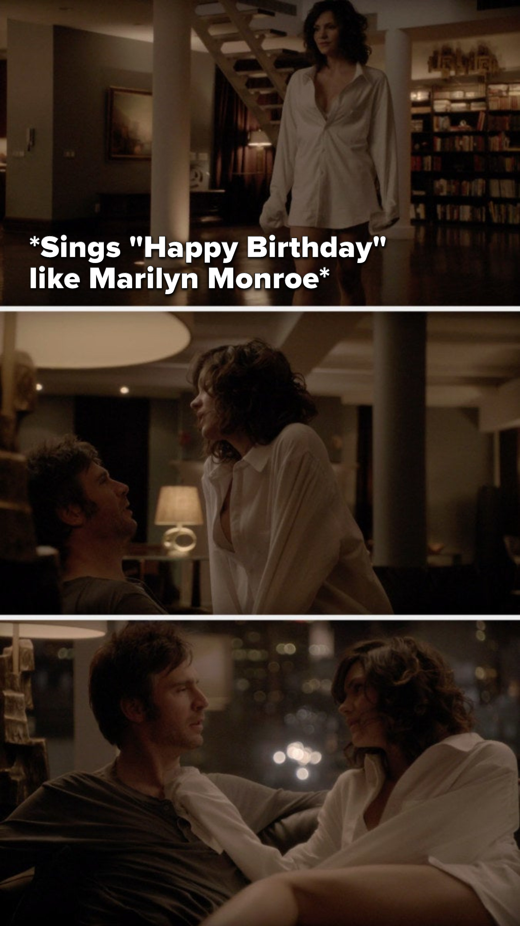 Karen sings &quot;Happy birthday&quot; like Marilyn Monroe in Derek&#x27;s white button-down, with no pants, and gets on his lap before sliding next to him