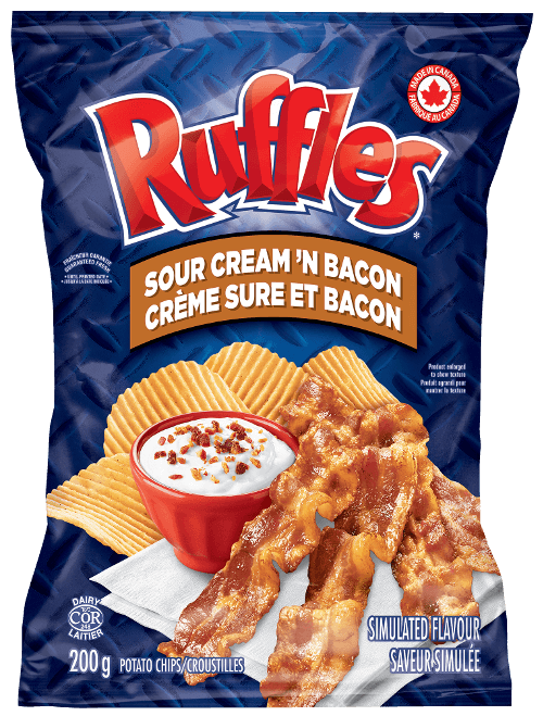A bag of Ruffles Sour Cream and Bacon Chips