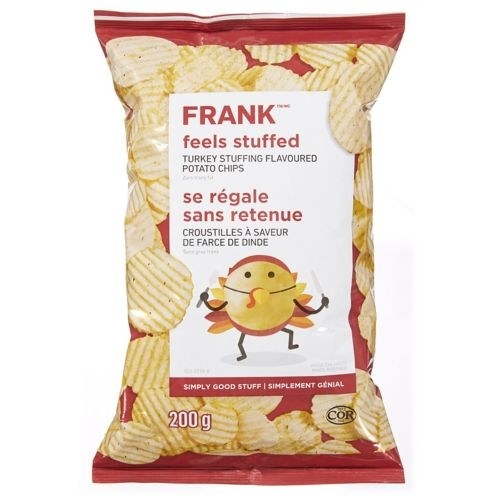A bag of FRANK Feels Stuffed Turkey Stuffing Flavoured Potato Chips