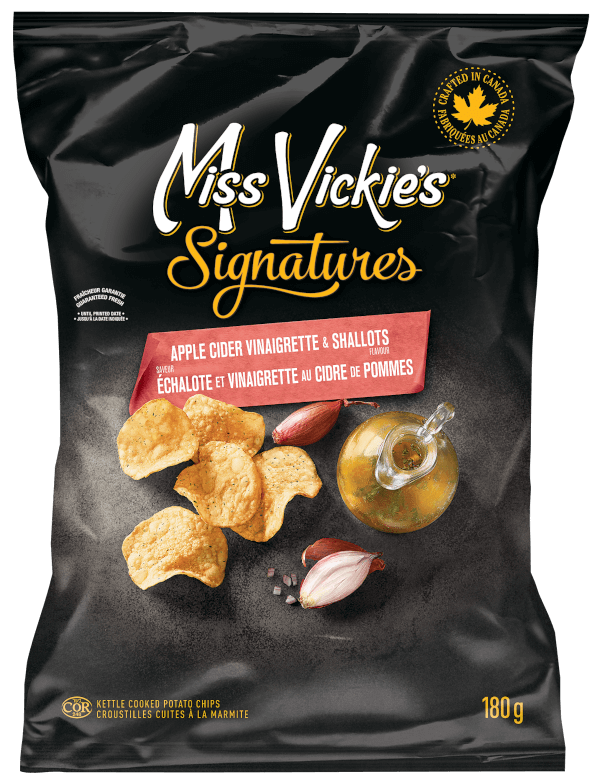 A bag of Miss Vickie’s Signatures Apple Cider Vinaigrette &amp;amp; Shallots Flavour Kettle Cooked Potato Chips
