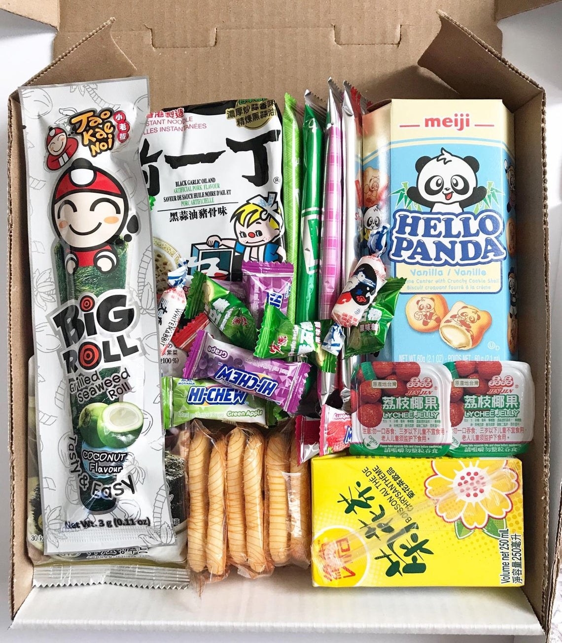 A box of candies and snacks