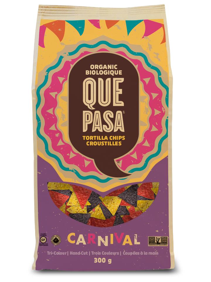 A bag of Que Pasa Carnival Tortilla Chips