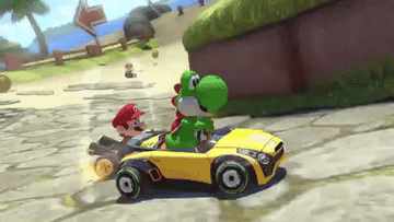 Mario hits Yoshi with his kart and speeds by 