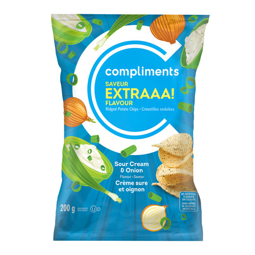 A bag of Compliments EXTRAAA! Sour Cream &amp;amp; Onion Flavour Ridged Potato Chips