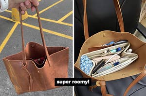 on left reviewer holding brown bag and on right reviewer showing the bag with a ton of stuff inside labeled "so roomy"