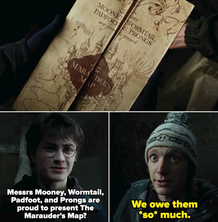 George and Fred giving Harry The Marauder&#x27;s Map in &quot;Prisoner of Azkaban&quot;