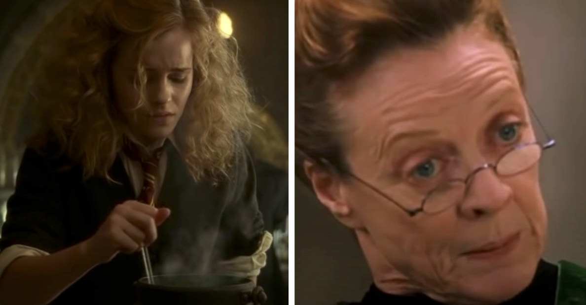 Hermione failing making a potion in potions class; Professor McGonagall staring at Ron and Harry quizzically