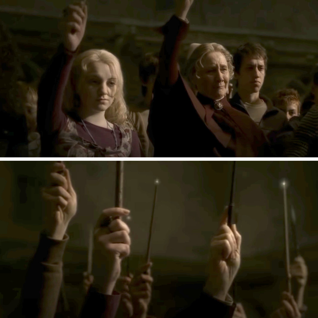 Luna Lovegood and Madam Pomfrey raising their wands in the air in honor of Dumbledore&#x27;s death