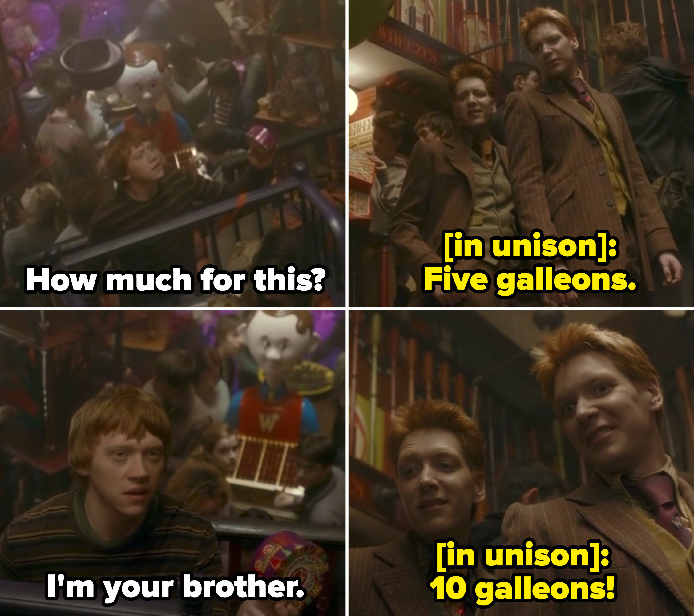 Ron bargaining to buy a toy at Fred and George&#x27;s joke shop