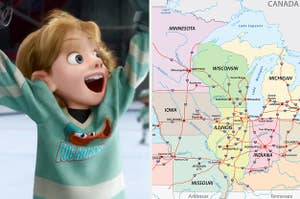 Riley from Inside out playing hockey on the left, and a map of the midwest on the right
