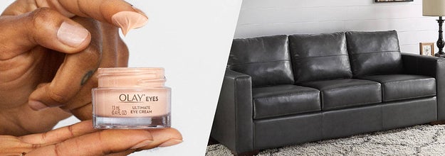to the left: a model using olay eye cream, to the right: a black leather couch