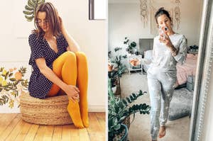 to the left: a model in yellow tights and a dress, to the right: a reviewer in grey pajamas with stars on them