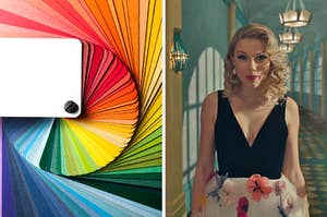 On the left, a book of paint sample cards all fanned out, and on the right, Taylor Swift in the "Me!" music video