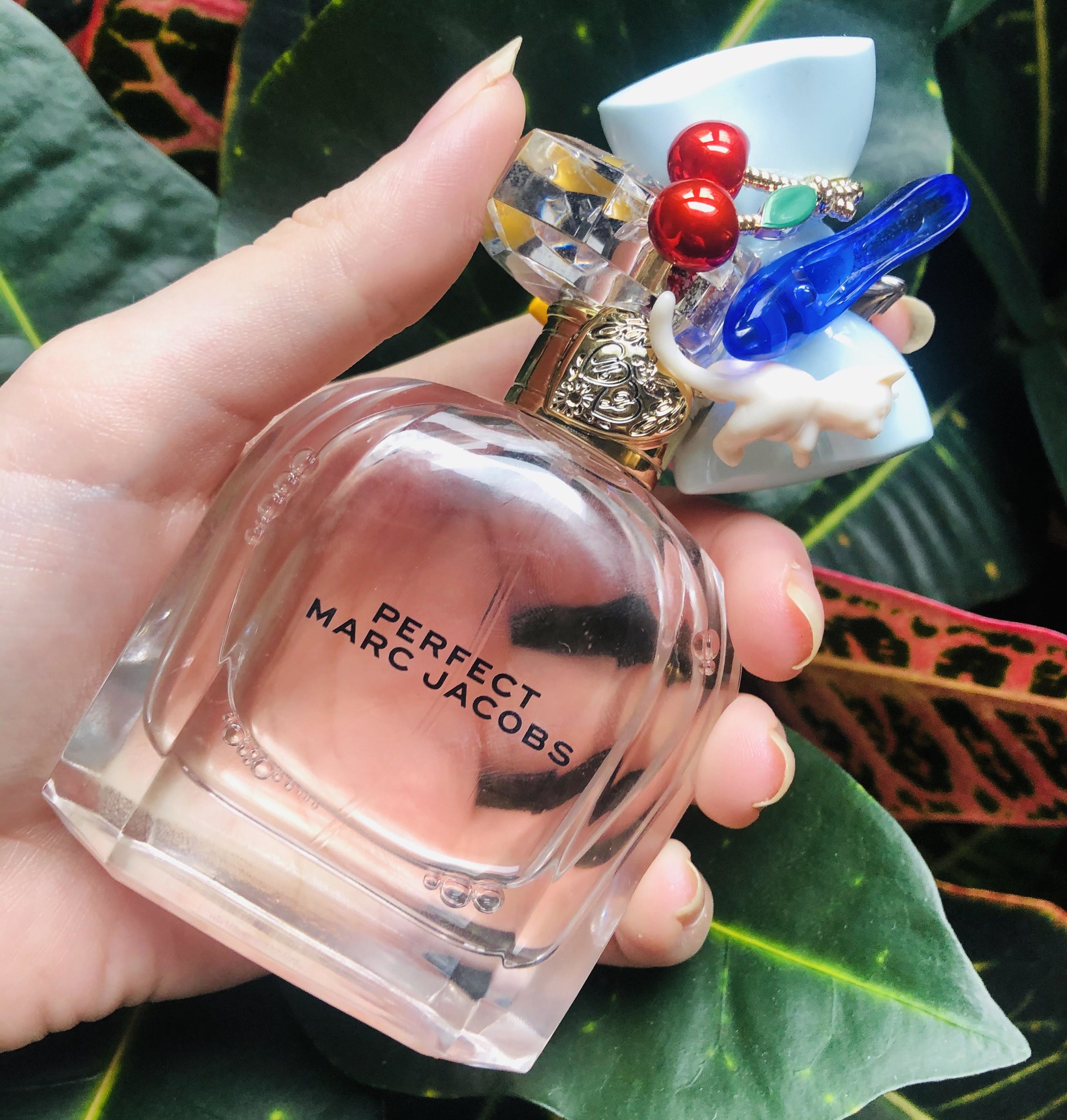 A person holding the perfume in front of a plant