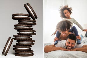 On the left, a stack of Oreo cookies, and on the right, a family piling on top of each other on a bed, smiling and laughing